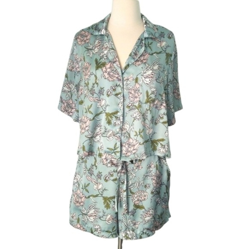 Joie Satin Mint Green & Pink Floral Pajama Set- Short Sleeve Top & Shorts